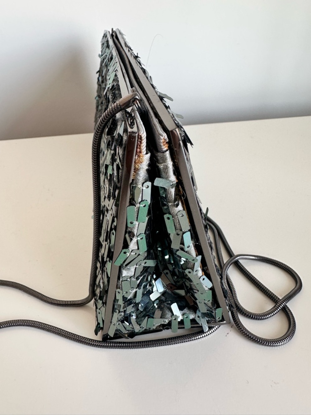 BCBGMaxAzria Silver Sequin Rectangular Evening Clutch / Crossbody Bag - Picture 6 of 12